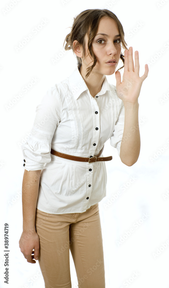 Profile view of girl calling someone against white Profile view of girl calling someone against white