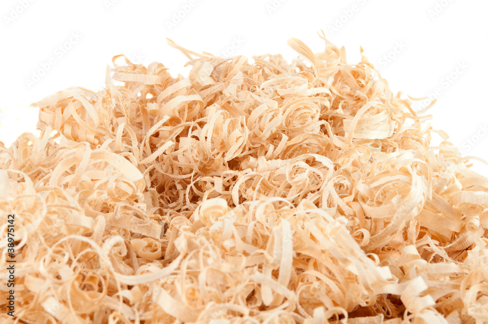 Wood shavings on white background with copy space Wood shavings on white background with copy space