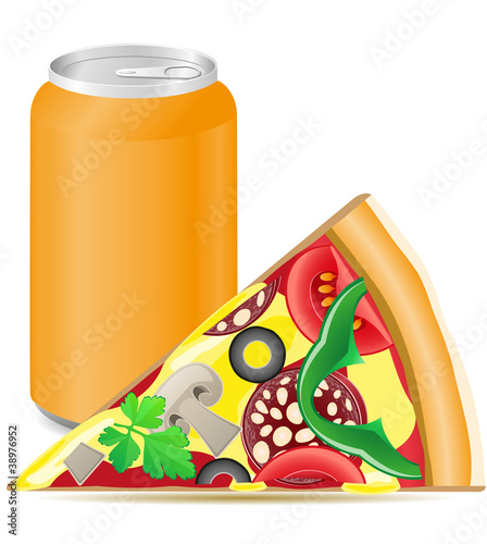 pizza and aluminum cans with soda