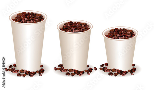 three paper coffee cups filled with coffee beans