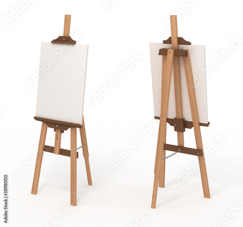 Wooden easel with blank canvas, front and back, isolated