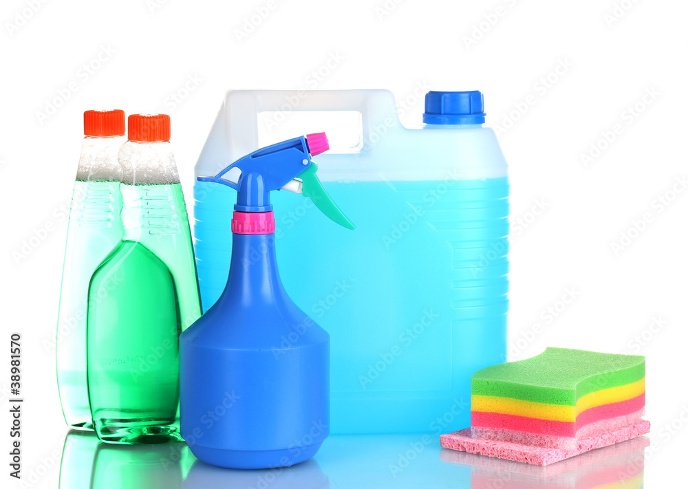 canister with liquid and detergent bottles isolated on white canister with liquid and detergent bottles isolated on white