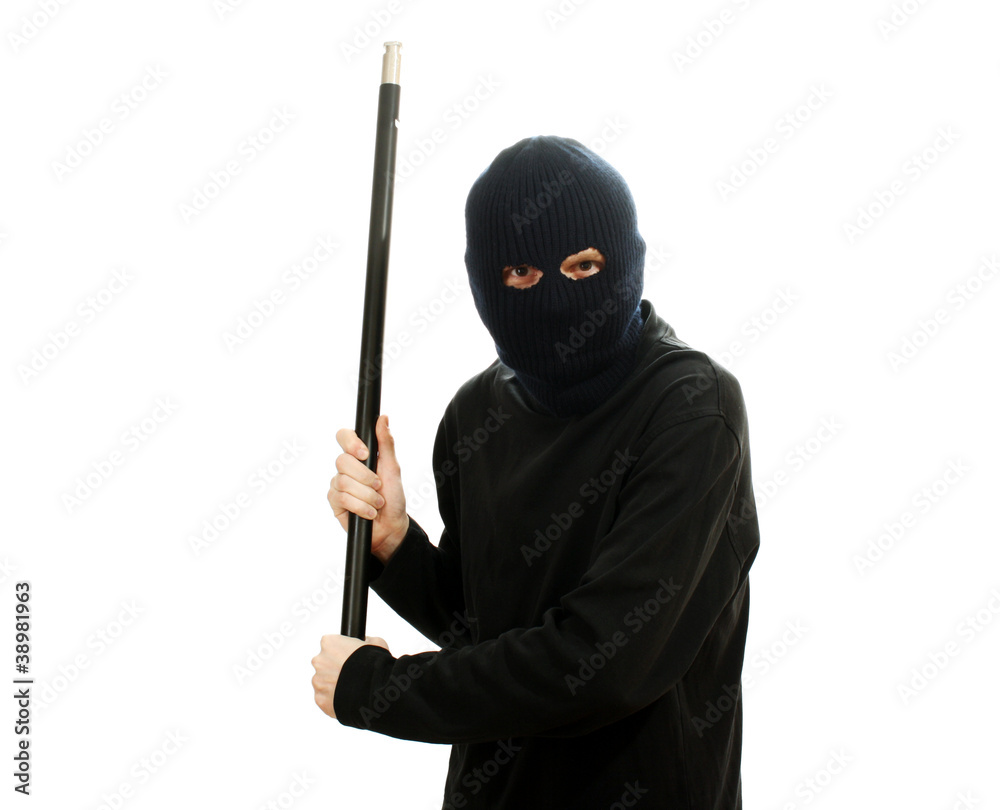 Bandit in black mask with pipe isolated on white Bandit in black mask with pipe isolated on white
