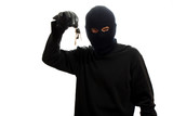 Bandit in black mask with keys isolated on white