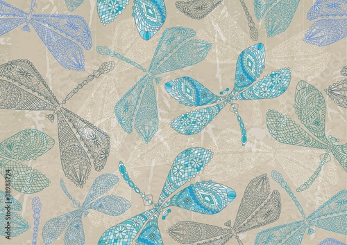 Seamless background with blue dragonfly