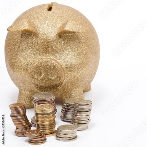 Piggy Bank with coins on white background