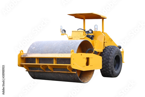 Dirty road roller on white background.