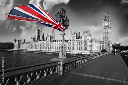 Obraz Big Ben z flagą Anglii, Londynu, Wielkiej Brytanii