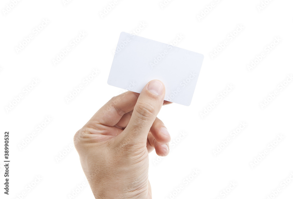 Hand holding empty card isolated on white Hand holding empty card isolated on white