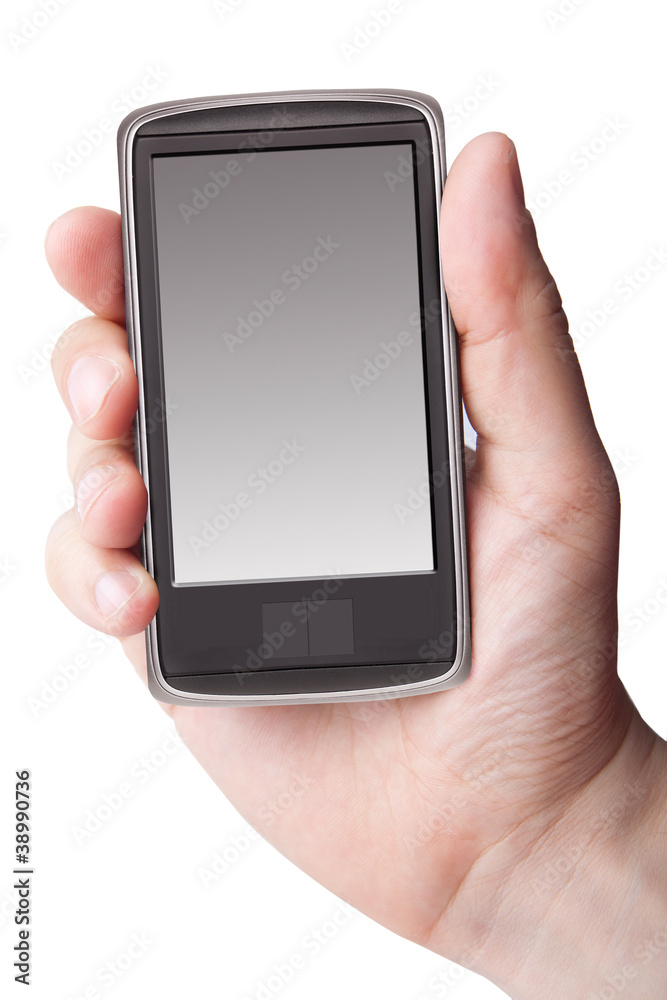 Hand holding smart phone on white