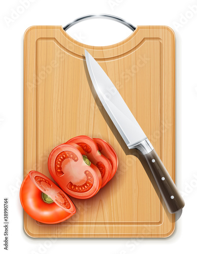 tomato cuted segment with knife on hardboard vector