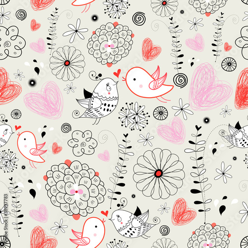 floral pattern with birds in love