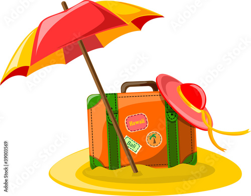 Путешествия фон, зонтик, шляпа и чемодан