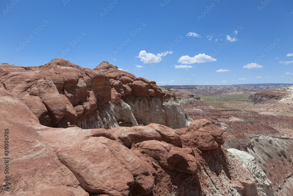 Layers of colored sandstone form  American desert landscpape