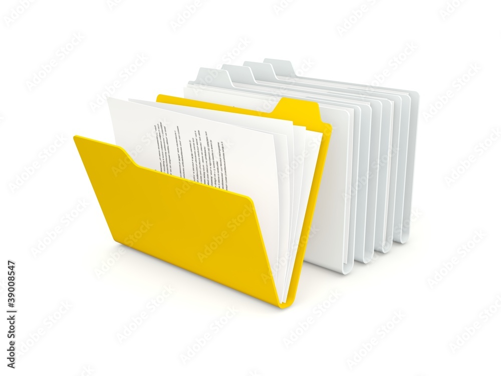Row of folders with different orange one isolated on white