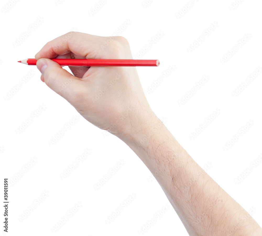 red pencil in hand isolated on white red pencil in hand isolated on white