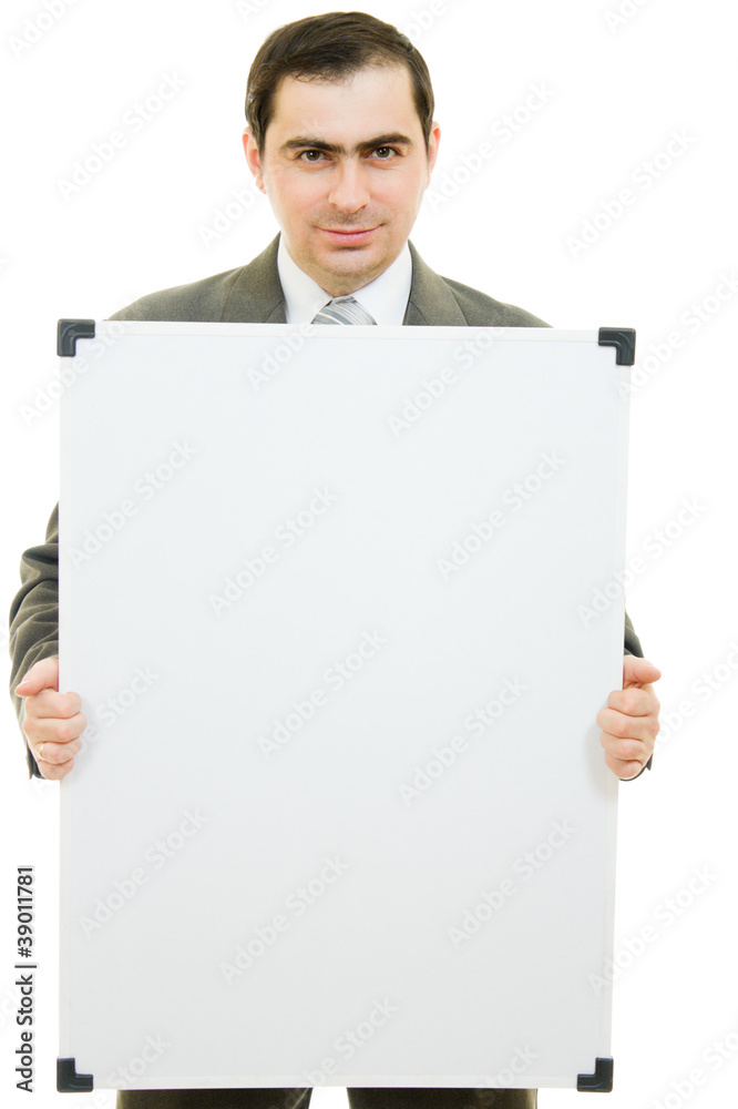 A businessman with a white board on a white background. A businessman with a white board on a white background.