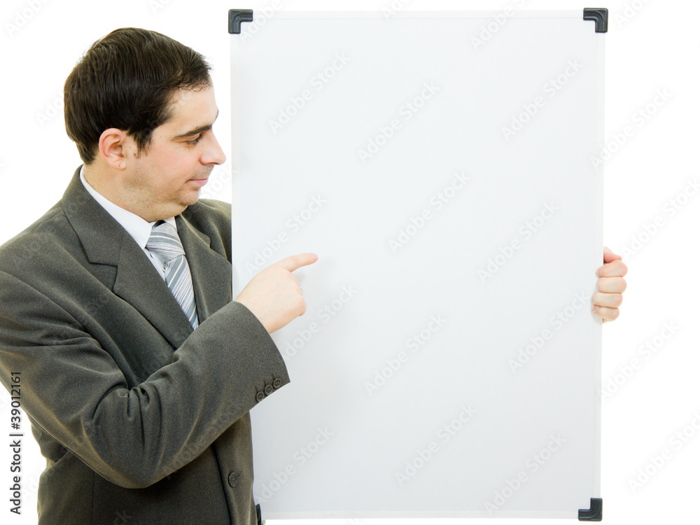 A businessman with a white board on a white background. A businessman with a white board on a white background.