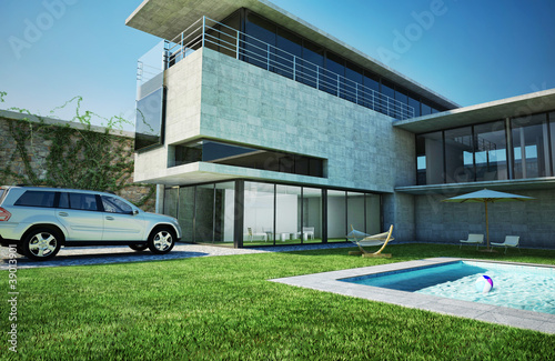Modern luxury villa with swimming pool.