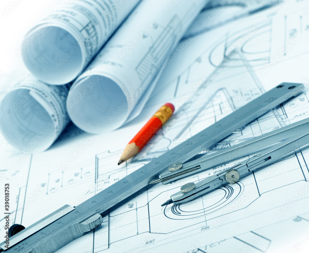 The plan industrial details, a protractor, caliper, divider and The plan industrial details, a protractor, caliper, divider and