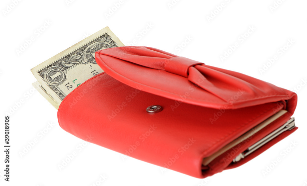 Red leather wallet with dollars and credit card Red leather wallet with dollars and credit card