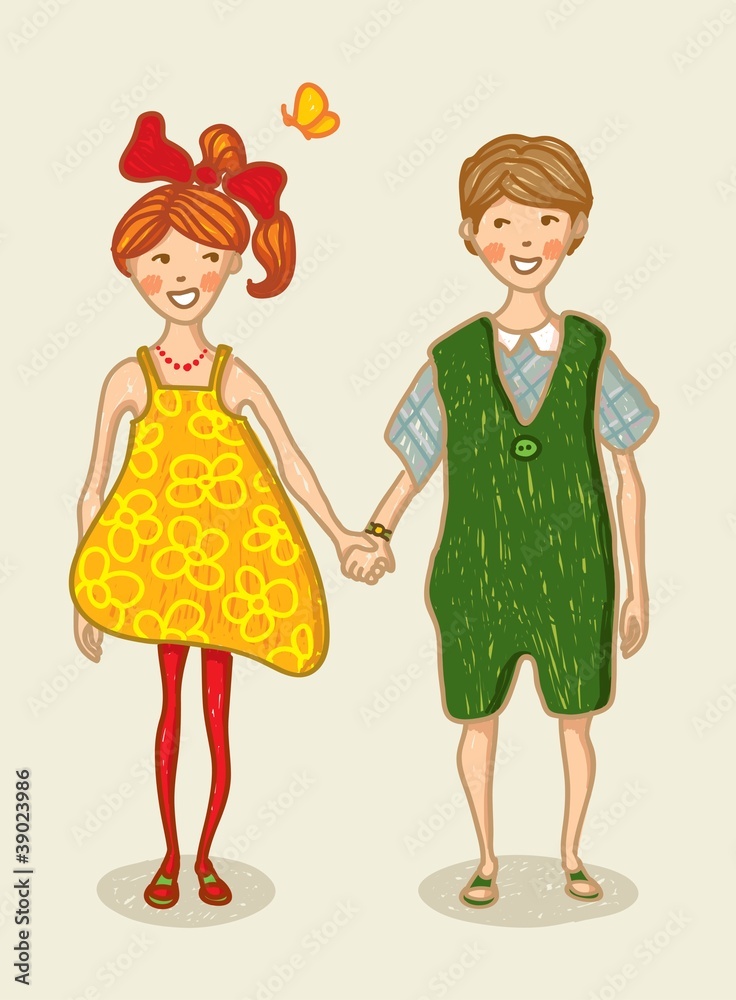 Birthday, Valentine Love Card. Boy and girl holding hand
