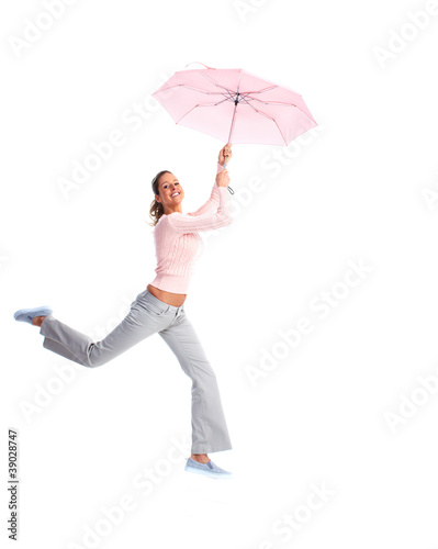 Woman flying with umbrella.