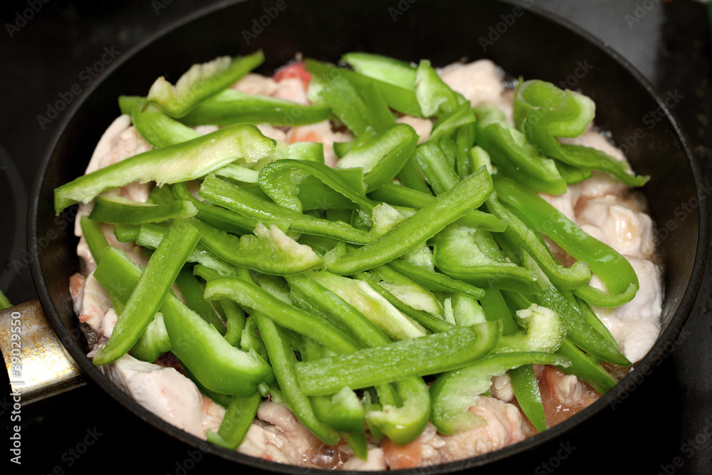 Fried chicken, Pepper and Ginger on a pan Fried chicken, Pepper and Ginger on a pan