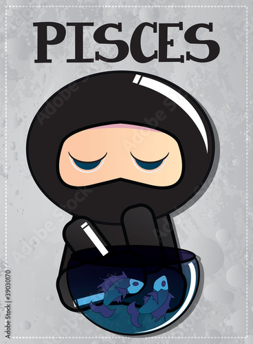 Zodiac sign Pisces with cute ninja character