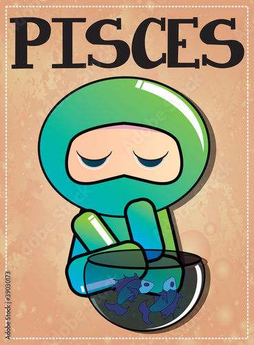 Zodiac sign Pisces with cute ninja character