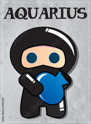 Zodiac sign Aquarius with cute ninja character