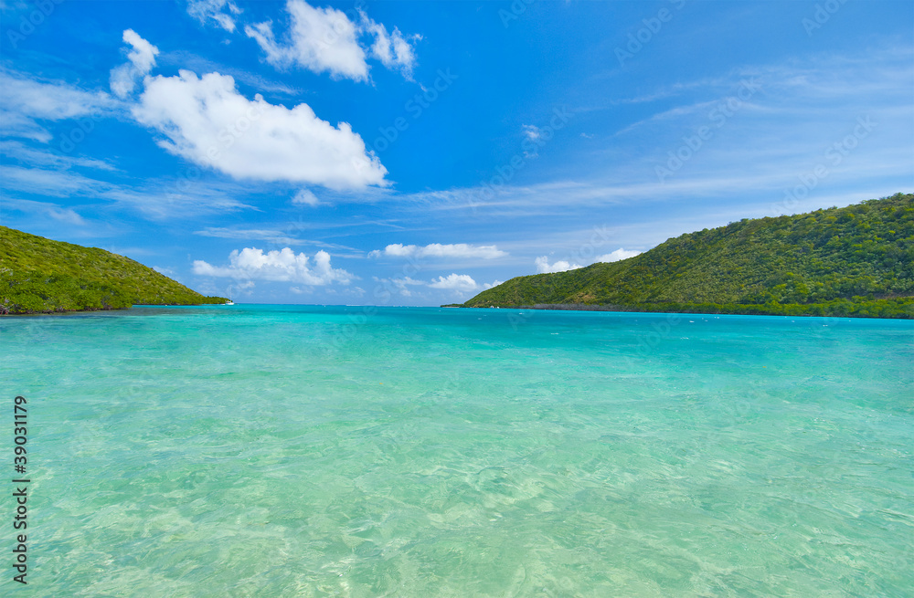 Caribbean aqua waters and blue sky