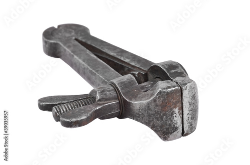 Vintage mechanical hand vise clamp, isolated on white background