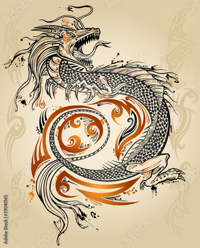 Dragon Doodle Sketch Tattoo Icon Tribal grunge Vector #39040165