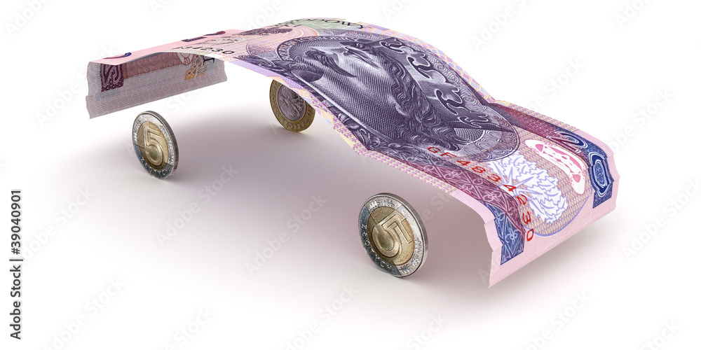 Car made of 20 zloty note and coins - obrazy, fototapety, plakaty 