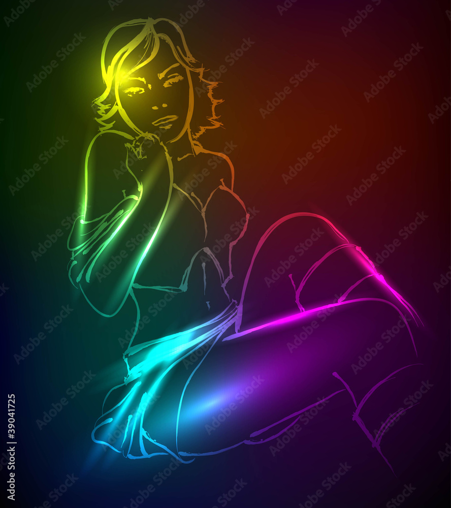 Hand-drawn fashion model from a neon. A light girl's Hand-drawn fashion model from a neon. A light girl's