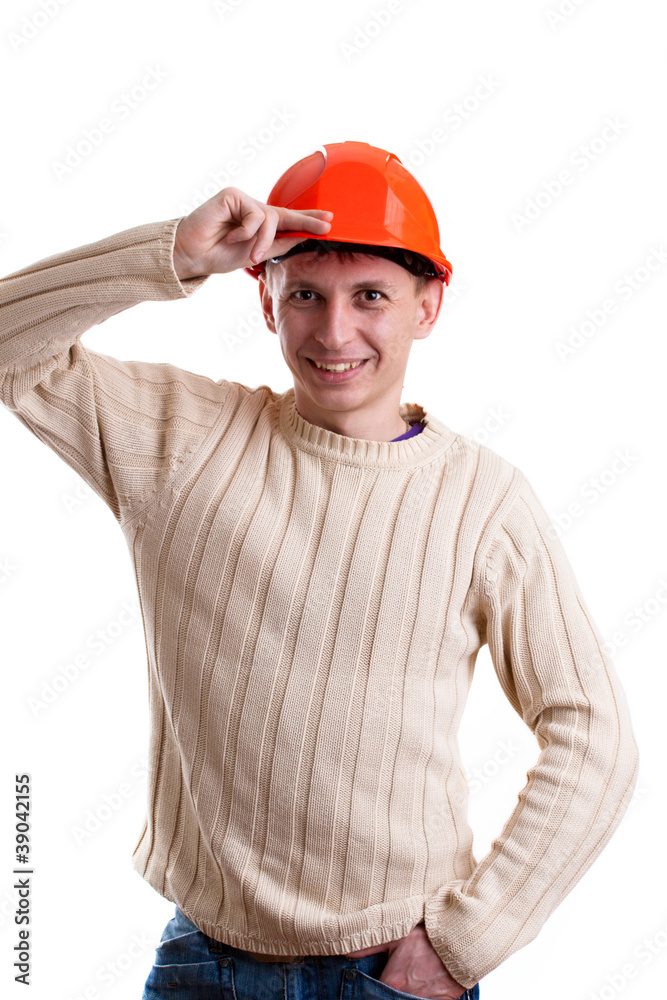 Workman in red helmet on white background Workman in red helmet on white background