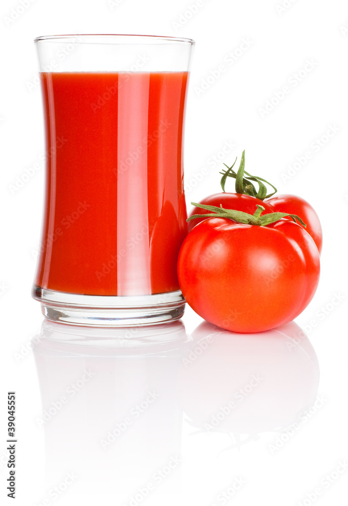 Glass of fresh tomato juice and two tomatoes Isolated on white b Glass of fresh tomato juice and two tomatoes Isolated on white b