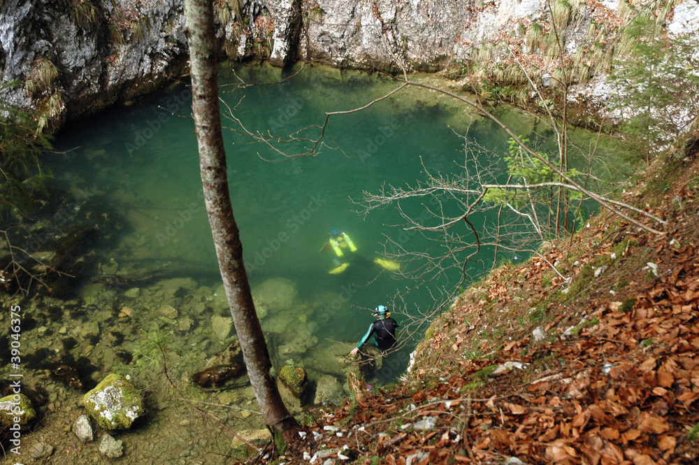 Naklejka premium A cave diver emerges from a spring
