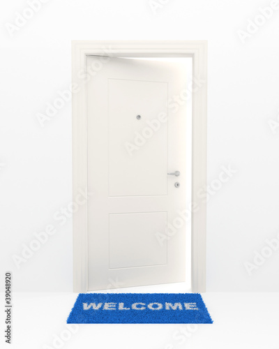 The white door and blue rug.