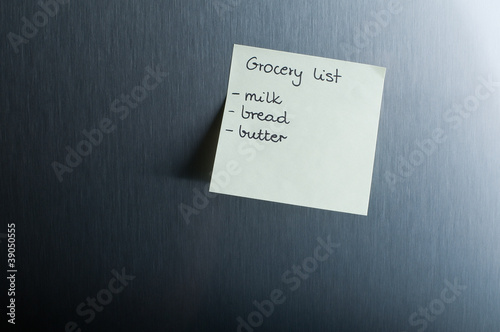 Grocery list on the fridge
