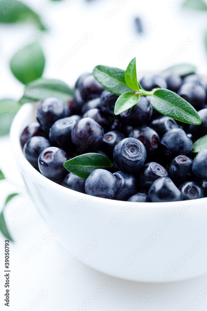 Blueberries with leaves in plate. isolated on white background Blueberries with leaves in plate. isolated on white background