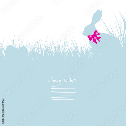 Bunny With Bow Sitting In The Meadow & Eggs Blue