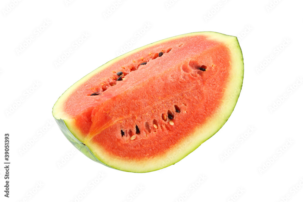 Part of red watermelon top side on white background Part of red watermelon top side on white background