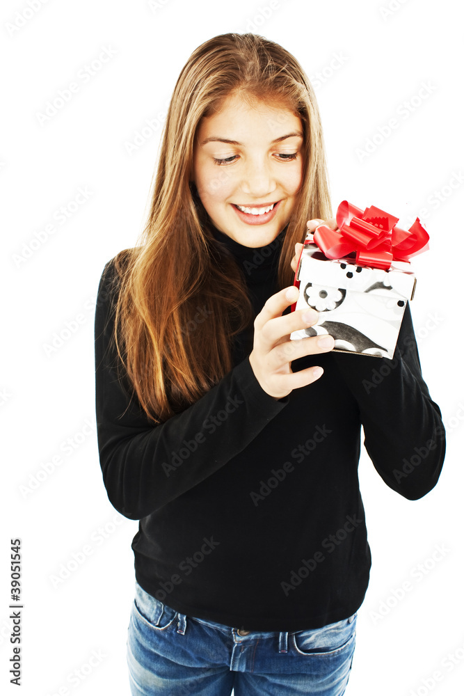 Smiling woman with a gift box. Isolated on white Smiling woman with a gift box. Isolated on white