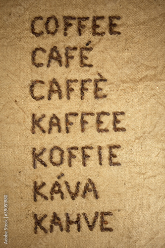 Word coffee made of coffee beans in various languages