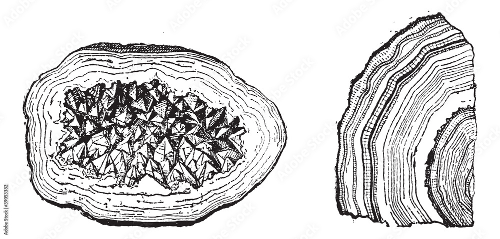 Quartz Geode and Agate vintage engraving