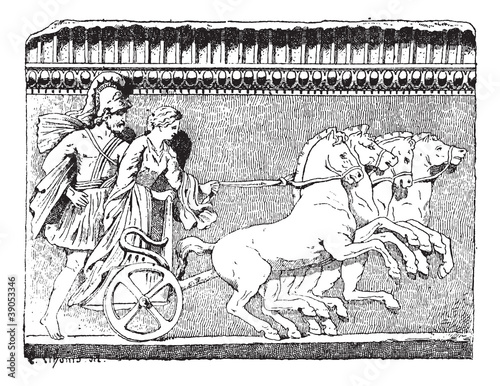 The Return of Helen on quadriga vintage engraving