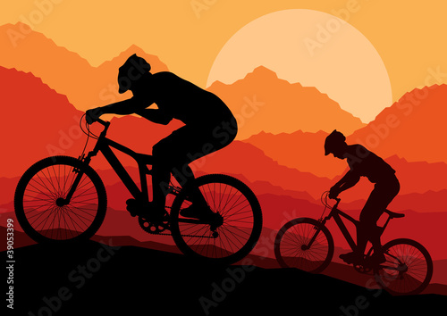 Mountain bike bicycle riders in wild nature landscape