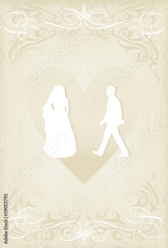 Wedding card with man and women in vintage heart vector